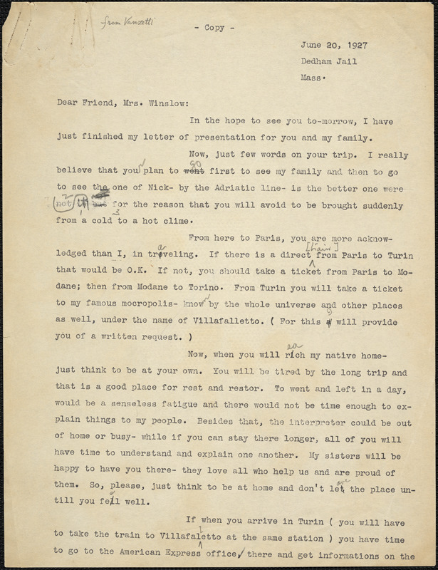 Bartolomeo Vanzetti typed letter (copy) to Gertrude L. Winslow, Dedham, 20 June 1927