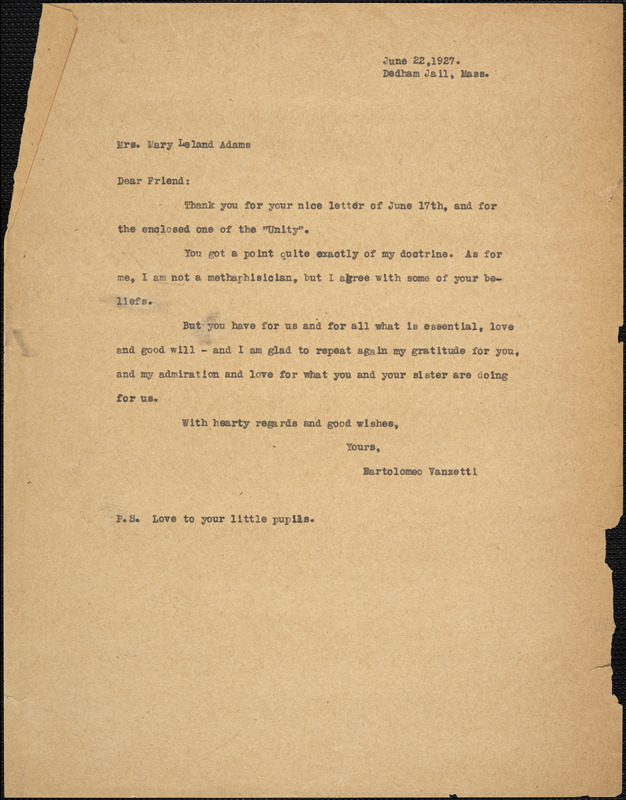 Bartolomeo Vanzetti typed note (copy) to Mary Leland Adams, Dedham, 22 June 1927
