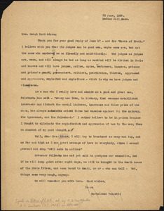Bartolomeo Vanzetti typed letter (photocopy) to Sarah Root Adams, Dedham, 22 June 1927
