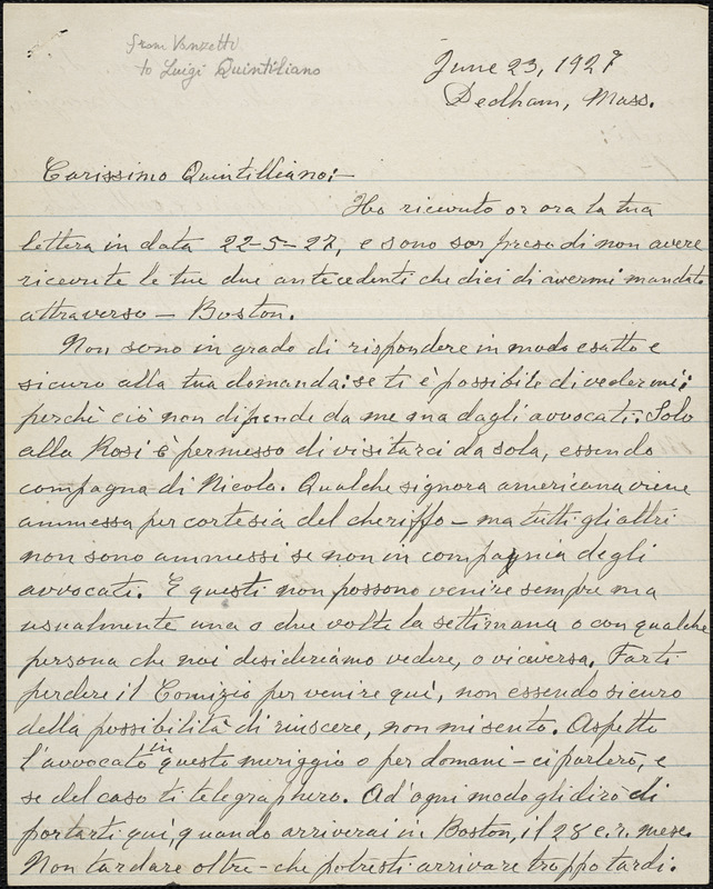 Bartolomeo Vanzetti autographed letter signed to Luigi Quintiliano, Dedham, 24 June 1927