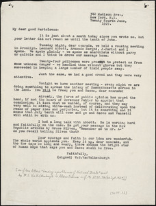 Warren Starr Van Valkenburgh typed letter (copy) to Bartolomeo Vanzetti, New York, 24 June 1927