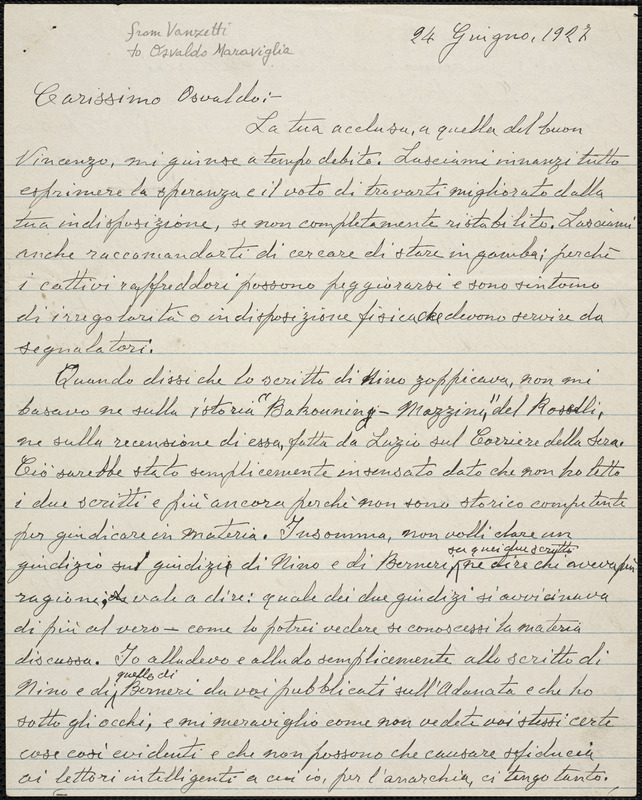 Bartolomeo Vanzetti autographed letter signed to Osvaldo Maraviglia, Dedham, 24 June 1927