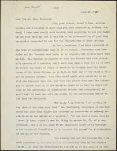 Bartolomeo Vanzetti typed letter (copy) to Gertrude L. Winslow, [Dedham], 25 June 1927