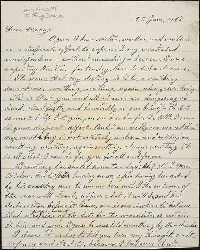 Bartolomeo Vanzetti autographed letter signed to Mary Donovan, [Dedham], 25 June 1927