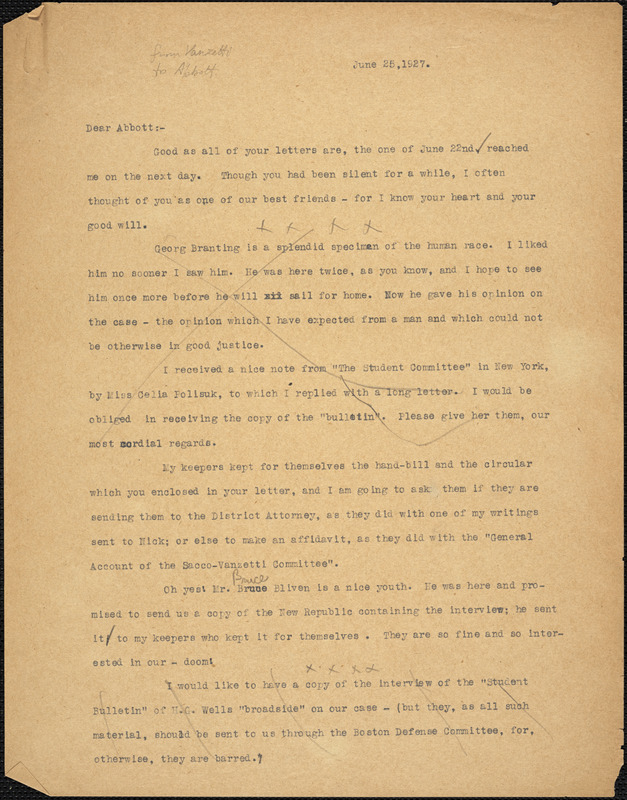 Bartolomeo Vanzetti typed letter (copy) to Leonard D. Abbott, [Dedham], 28 June 1927