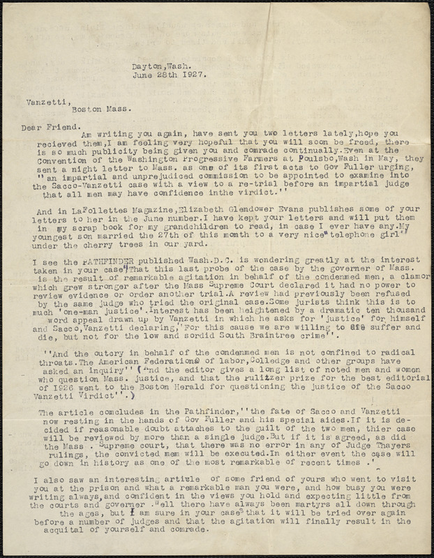 Maude Pettyjohn typed letter signed to Bartolomeo Vanzetti, Dayton, Wash., 28 June 1927