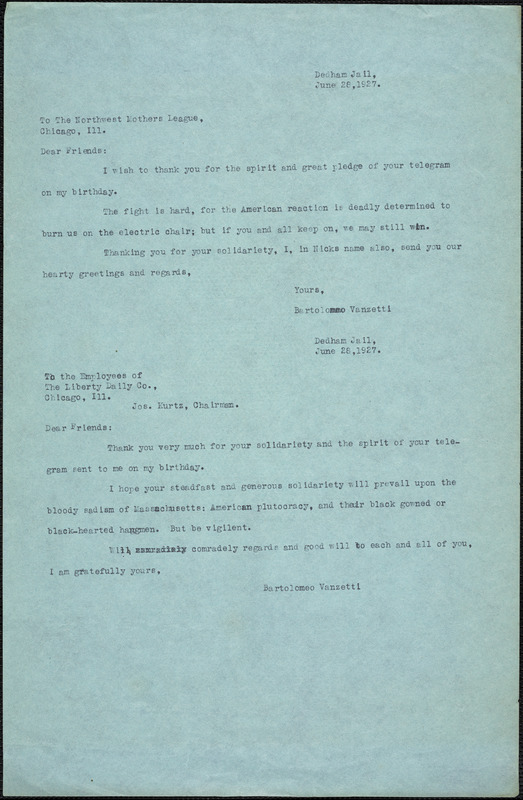 Bartolomeo Vanzetti typed note (copy) to the Northwest Mothers League in Chicago, Dedham, 30 June 1927
