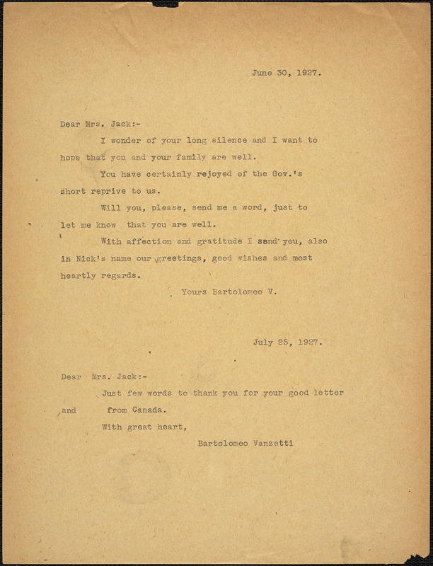 Bartolomeo Vanzetti typed note (copy) to Cerise Jack, [Dedham], 30 June 1927 ; Bartolomeo Vanzetti typed note (copy) to Cerise Jack, [Charlestown], 25 July 1927