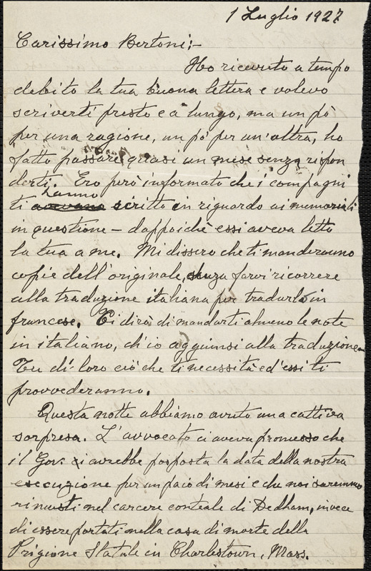 Bartolomeo Vanzetti autographed letter signed to [Luigi] Bertoni, [Charlestown], 1 July 1927