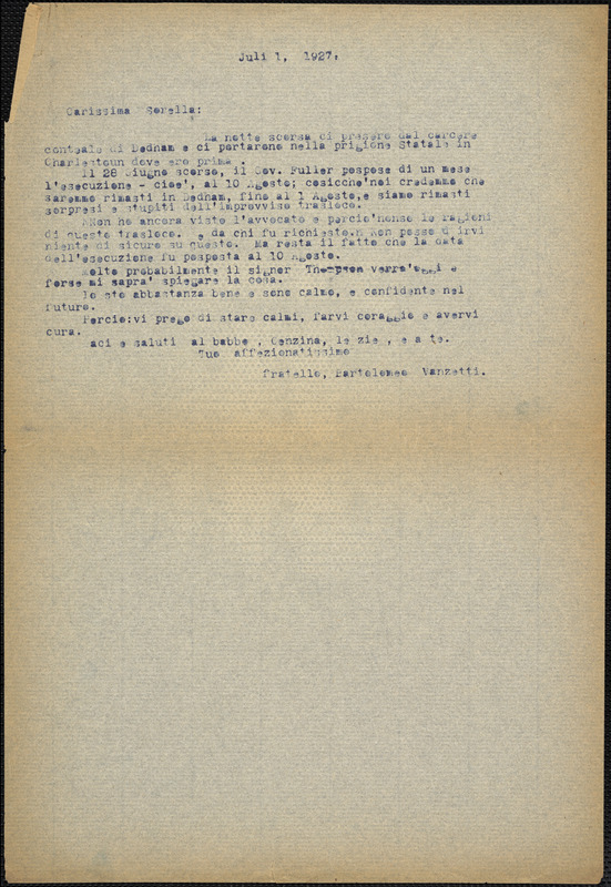 Bartolomeo Vanzetti typed letter (copy) to Luigia Vanzetti, [Charlestown], 1 July 1927