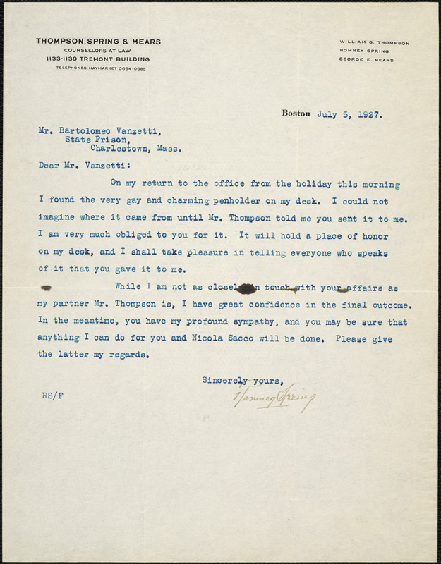 Romney Spring typed note signed to Bartolomeo Vanzetti, Boston, 5 July 1927