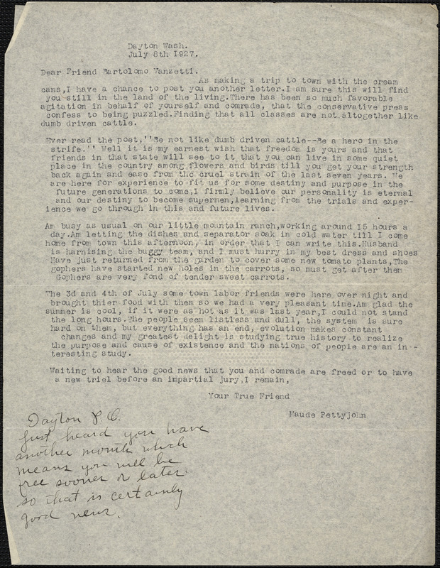 Maude Pettyjohn typed letter signed to Bartolomeo Vanzetti, Dayton, Wash., 5 July 1927