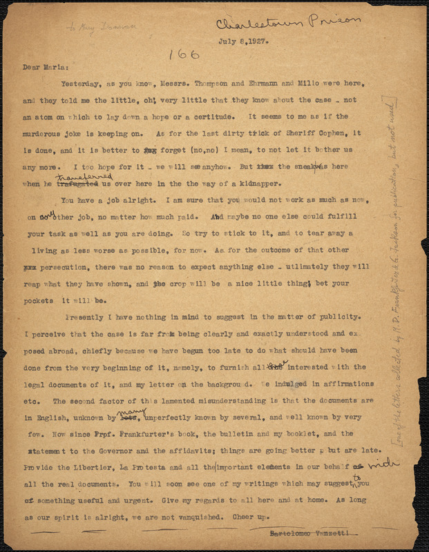 Bartolomeo Vanzetti typed letter (copy) to Mary Donovan, Charlestown, 8 July 1927