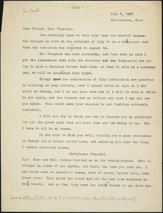 Bartolomeo Vanzetti typed letter (copy) to Gertrude L. Winslow, Charlestown, 8 July 1927