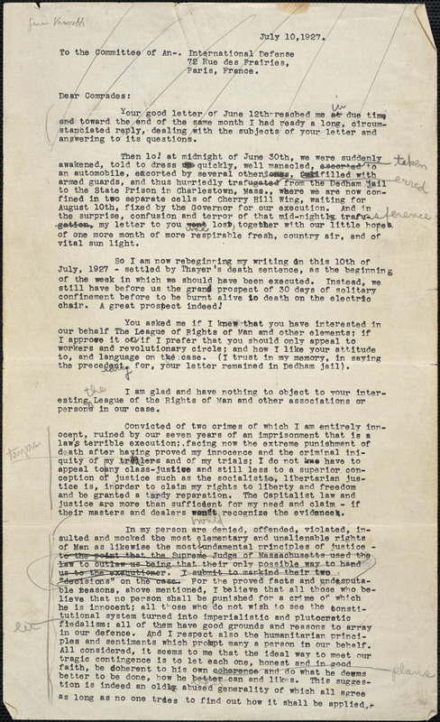 Bartolomeo Vanzetti typed letter (incomplete draft with manuscript ...