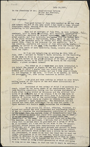 Bartolomeo Vanzetti typed letter (incomplete draft with manuscript corrections) to the Committee of the An[archist?] International Defense in Paris, [Charlestown], 10 July 1927