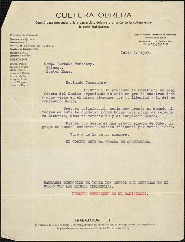 Comité Cultura Obrera de Guantanomo. typed note signed to Bartolomeo Vanzetti, Guantanamo, 12 July 1927