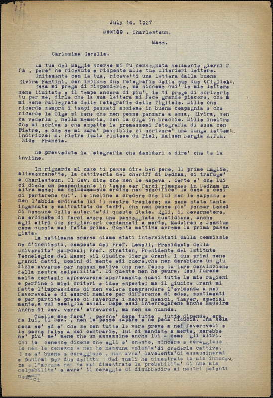 Bartolomeo Vanzetti typed letter (copy) to Luigia Vanzetti, [Charlestown], 14 July 1927