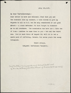 Bartolomeo Vanzetti typed note (copy) to Warren Starr Van Valkenburgh, [Charlestown], 14 July 1927