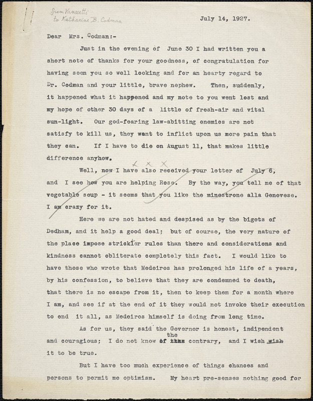 Bartolomeo Vanzetti typed letter (copy) to Katherine B. Codman, [Charlestown], 14 July 1927