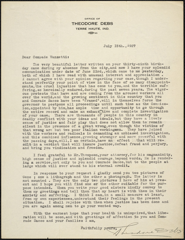 Theodore Debs typed letter signed to Bartolomeo Vanzetti, Terre Haute, Ind., 15 July 1927