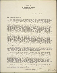 Theodore Debs typed letter signed to Bartolomeo Vanzetti, Terre Haute, Ind., 15 July 1927