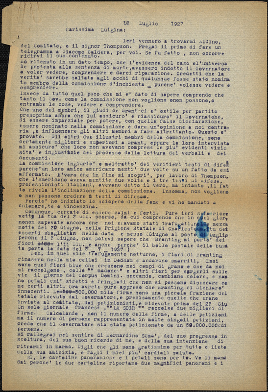 Bartolomeo Vanzetti typed letter (copy) to Luigia Vanzetti, [Charlestown], 18 July 1927