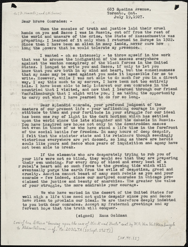 Emma Goldman typed letter (copy) to Bartolomeo Vanzetti and Nicola Sacco, Toronto, Ont., 18 July 1927