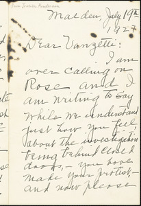 Jessica Henderson autographed letter signed to Bartolomeo Vanzetti, Malden, 19 July 1927