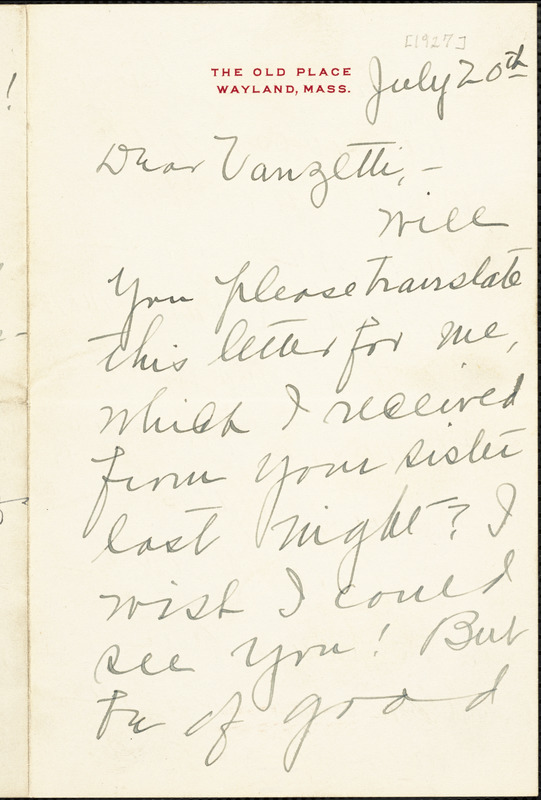 Jessica Henderson autographed letter signed to Bartolomeo Vanzetti, Wayland, 19 July 1927
