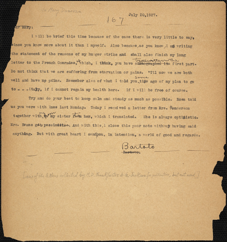 Bartolomeo Vanzetti typed letter (copy) to Mary Donovan, [Charlestown], 20 July 1927