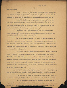 Bartolomeo Vanzetti typed letter (copy) to Elizabeth Glendower Evans, [Charlestown], 21 July 1937 ; Bartolomeo Vanzetti manuscript note (copy) to [Elizabeth Glendower Evans?], [Charlestown], 27 July 1927