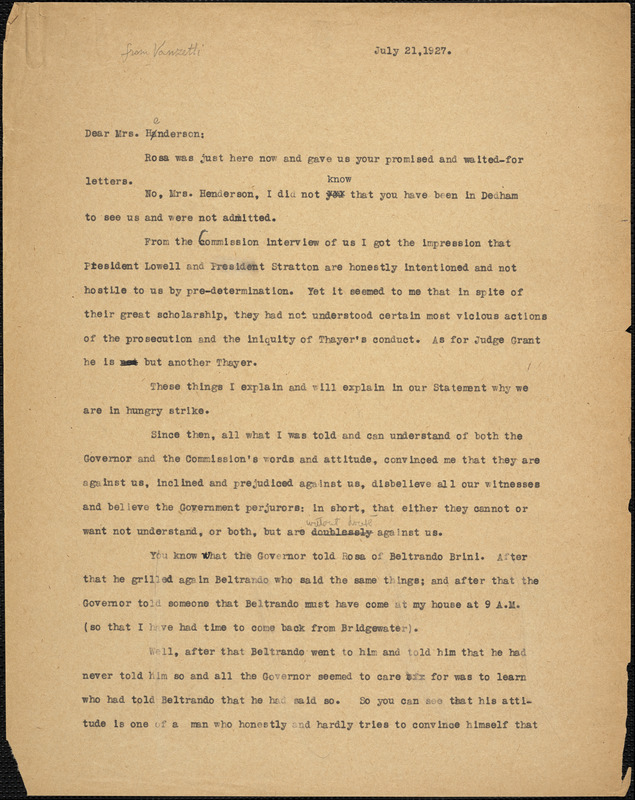 Bartolomeo Vanzetti typed letter (copy) to Jessica Henderson, [Charlestown], 21 July 1927