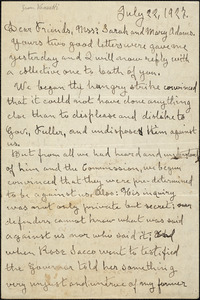 Bartolomeo Vanzetti autographed letter signed to Sarah Root Adams and Mary Leland Adams, [Charlestown], 22 July 1927
