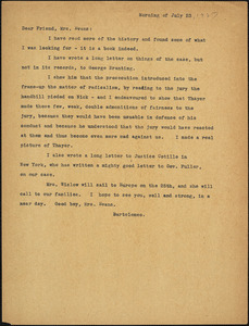 Bartolomeo Vanzetti typed letter (copy) to Elizabeth Glendower Evans, [Charlestown], 23 July 1927