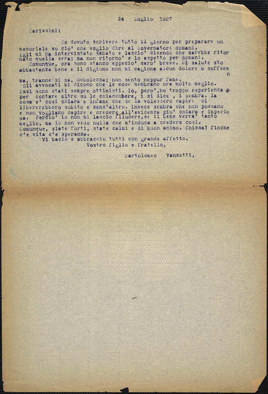 Bartolomeo Vanzetti typed letter (copy) to the Vanzetti family, [Charlestown], 25 July 1927