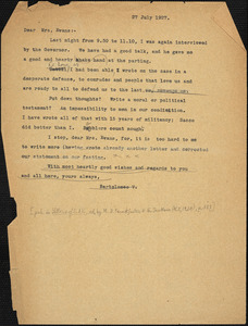 Bartolomeo Vanzetti typed letter (copy) to Elizabeth Glendower Evans, [Charlestown], 27 May 1927