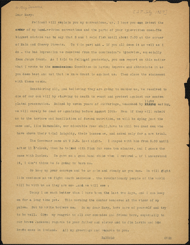 Bartolomeo Vanzetti typed letter (copy) to Mary Donovan, [Charlestown, 27 July 1927]