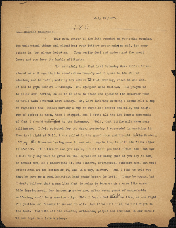 Bartolomeo Vanzetti typed letter (copy) to Alice Stone Blackwell, [Charlestown], 27 July 1927