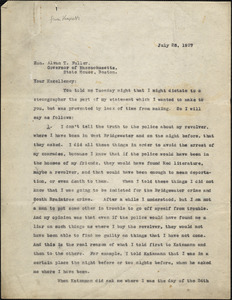 Bartolomeo Vanzetti typed letter (copy) to Alvan T. Fuller, [Charlestown], 1927 July 28