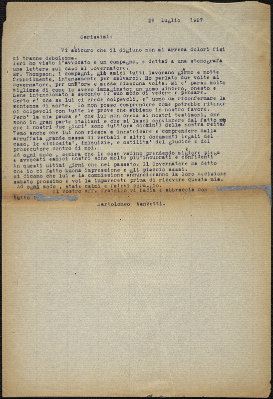 Bartolomeo Vanzetti typed letter (copy) to the Vanzetti family, [Charlestown], 30 July 1927