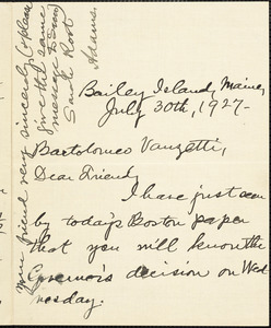 Sarah Adams Root autographed letter signed to Bartolomeo Vanzetti, Bailey Island, Me., 30 July 1927
