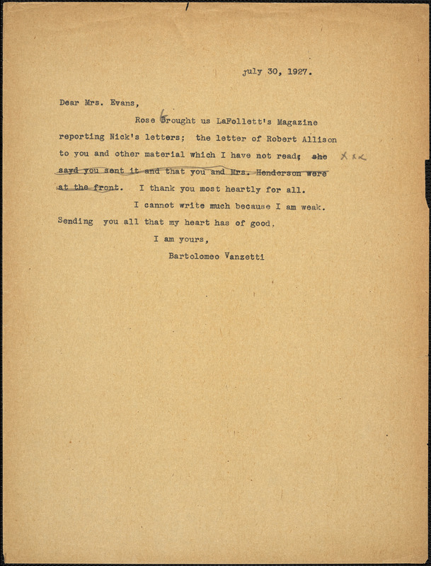 Bartolomeo Vanzetti typed note (copy) to Elizabeth Glendower Evans, [Charlestown], 31 July 1927