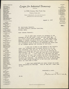 Norman M. Thomas typed letter signed to Bartolomeo Vanzetti. New York, 4 August 1927
