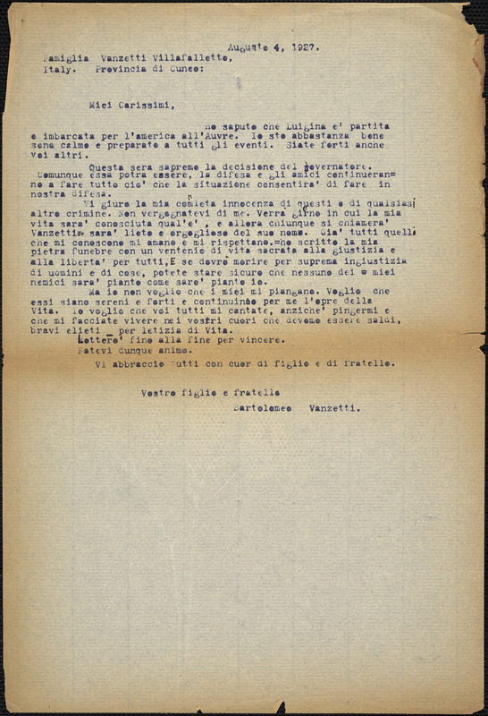 Bartolomeo Vanzetti typed letter (copy) to the Vanzetti family, [Charlestown], 28 July 1927