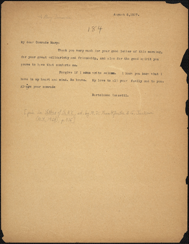 Bartolomeo Vanzetti typed note (copy) to Mary Donovan, [Charlestown], 6 August 1927