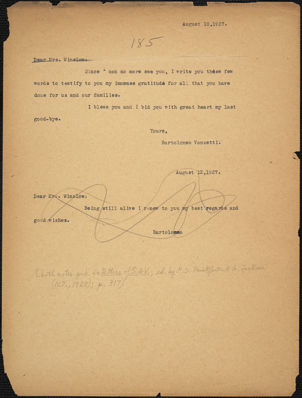 Bartolomeo Vanzetti typed note (copy) to Gertrude L. Winslow, [Charlestown], 10 August 1927