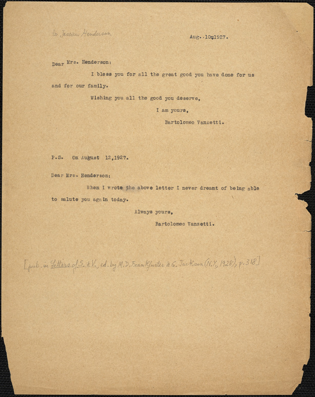 Bartolomeo Vanzetti typed note (copy) to Jessica Henderson, [Charlestown], 10 August 1927