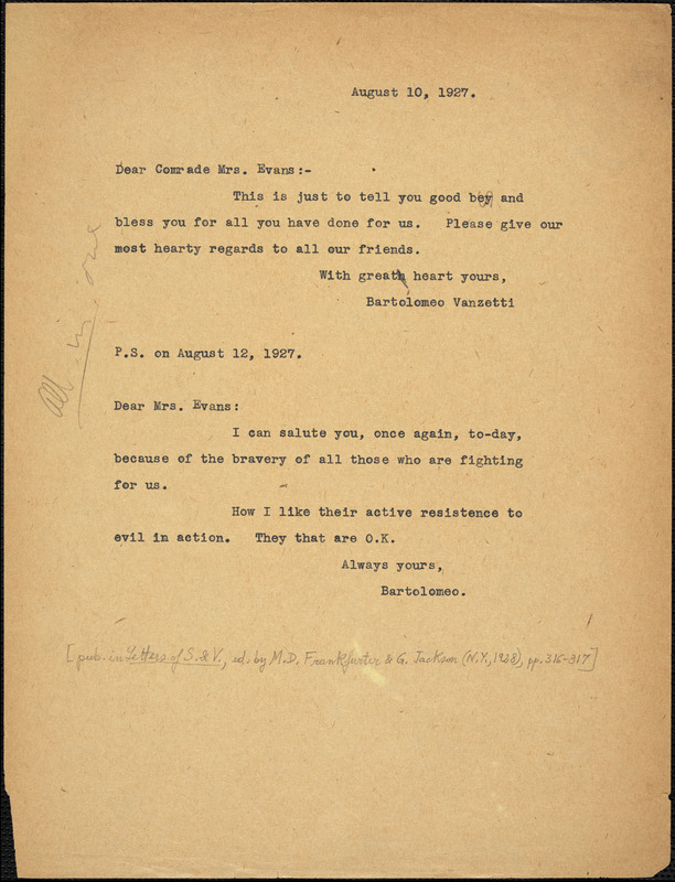 Bartolomeo Vanzetti typed note (copy) to Elizabeth Glendower Evans, [Charlestown], 10 August 1927