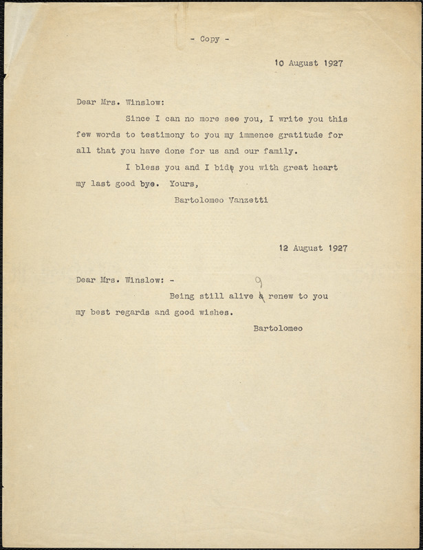 Bartolomeo Vanzetti typed note (copy) to Gertrude L. Winslow, [Charlestown], 12 August 1927